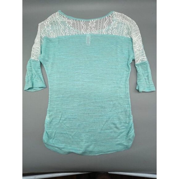 no boundaries 3/4 sleeve shirt green white lace sheer high low swoop neck m READ - Picture 10 of 12